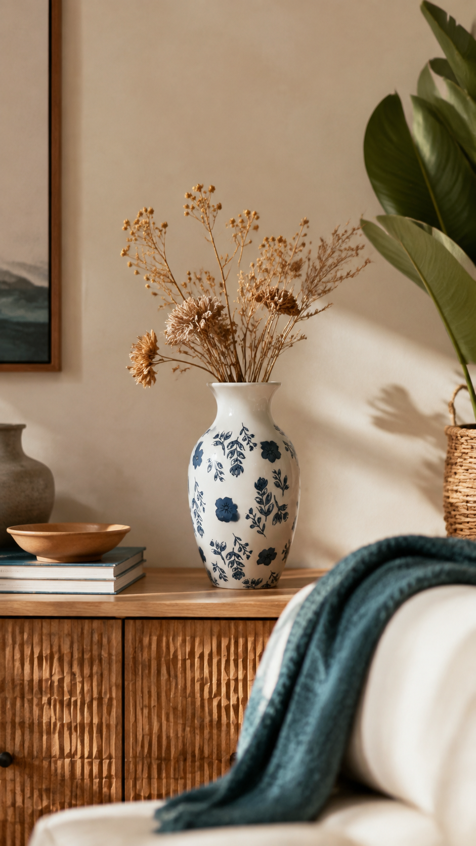 White decorative vase with blue floral pattern