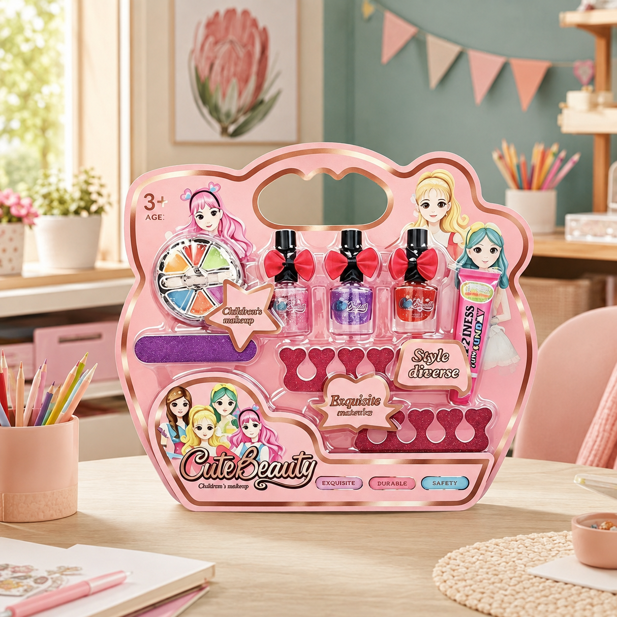 Children's pretend beauty set in a bright creative-play corner