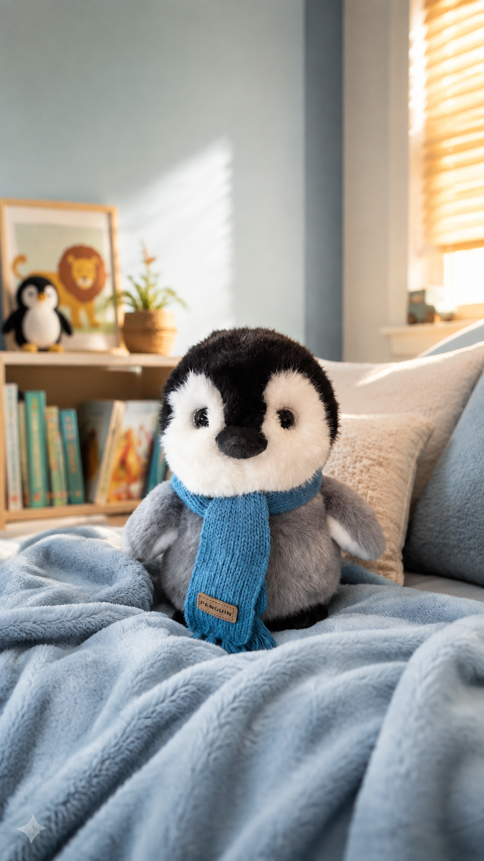 Soft penguin plush toy with blue scarf